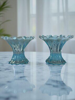 Pair of Fostoria Heirloom Blue Opalescent Swung Pulled Glass Candlestick Holders